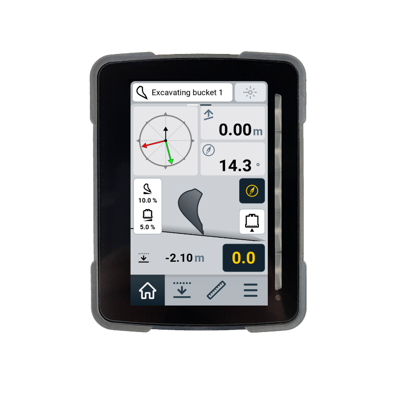 Industrial device screen showing excavator controls: compass, depth -2.10 m, tilt 14.3°, and bucket alignment indicators
