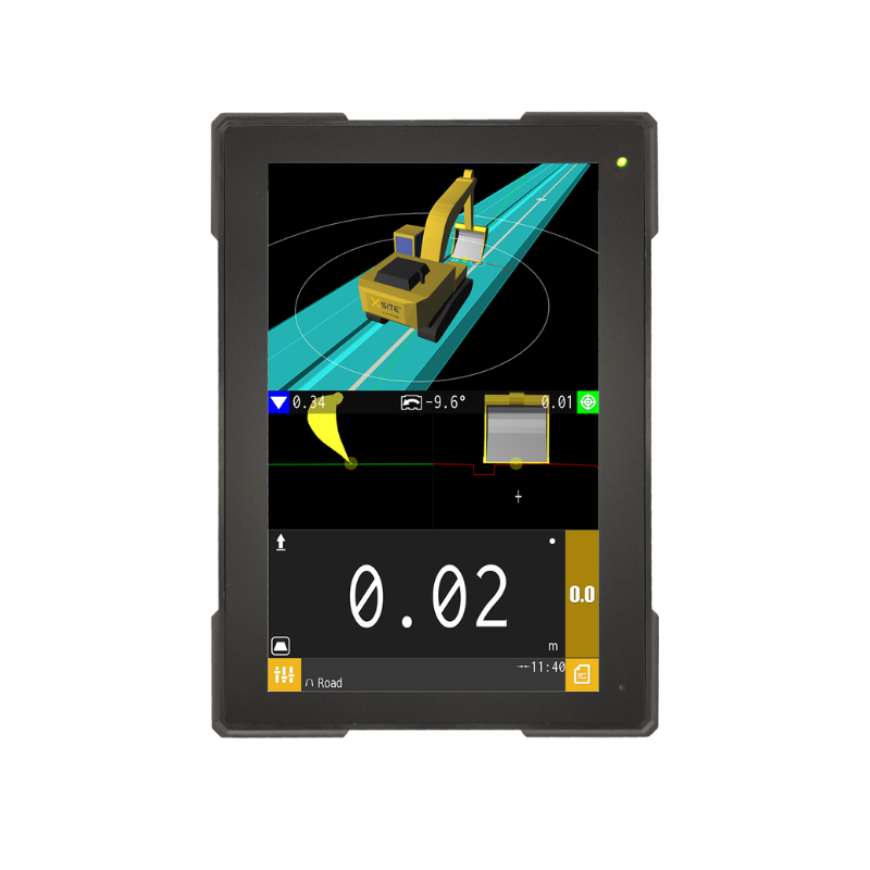 Handheld survey device displaying a 3D excavator model on a blue grid with measurement readouts, current distance 0.02 m.